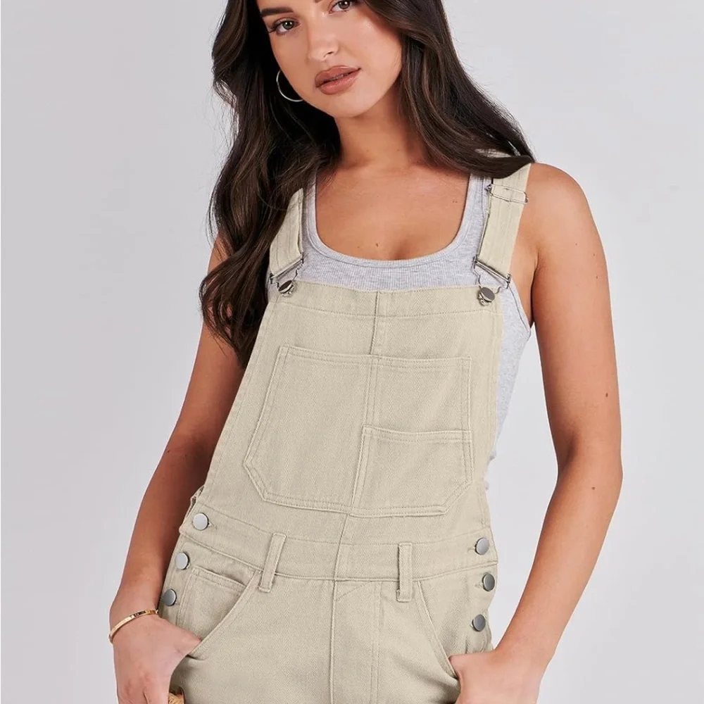 Loose Fit Beige Denim Overalls Jean Jumpsuit Bib Romper Women’s XL - Picture 4 of 14